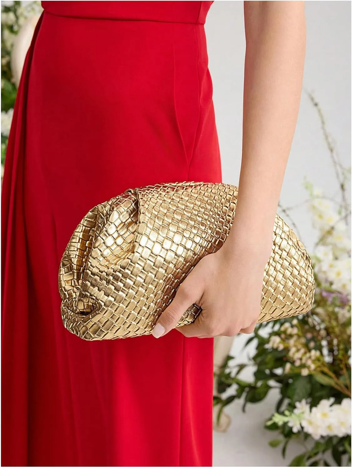 QWINEE Women's Woven Evening Bag Dumpling Clutch Purse No Strap Handbags Elegant Faux PU Leather Clutch Bag
