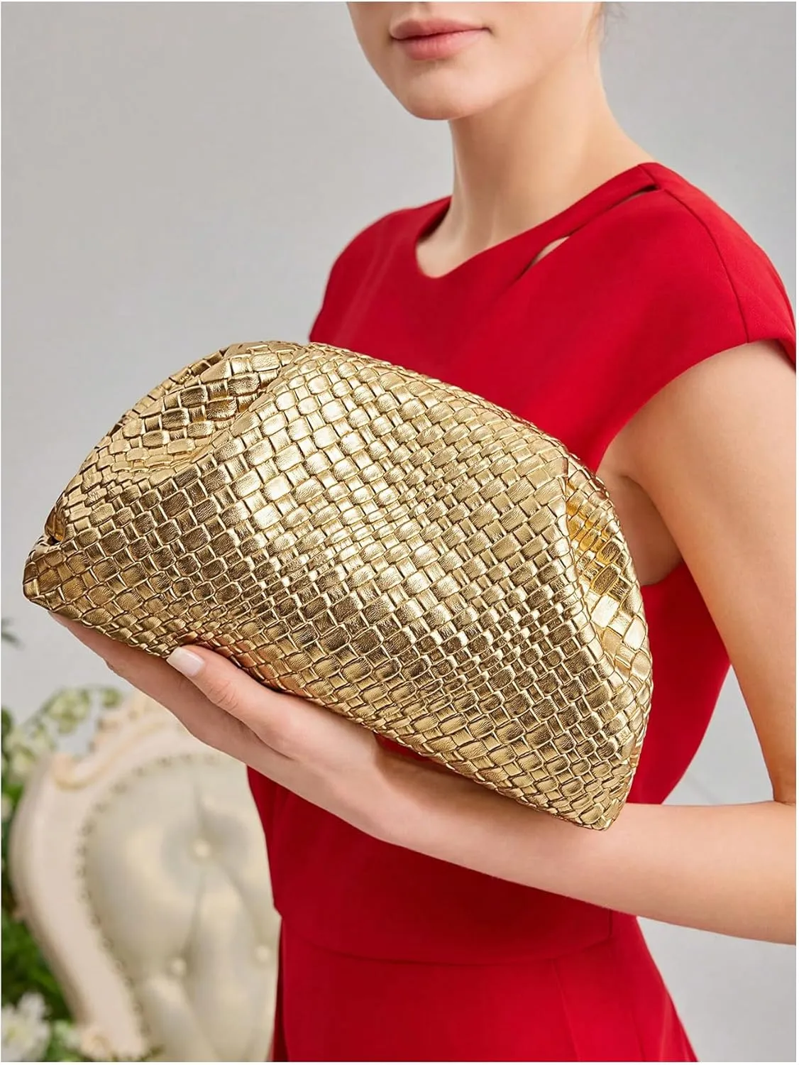 QWINEE Women's Woven Evening Bag Dumpling Clutch Purse No Strap Handbags Elegant Faux PU Leather Clutch Bag