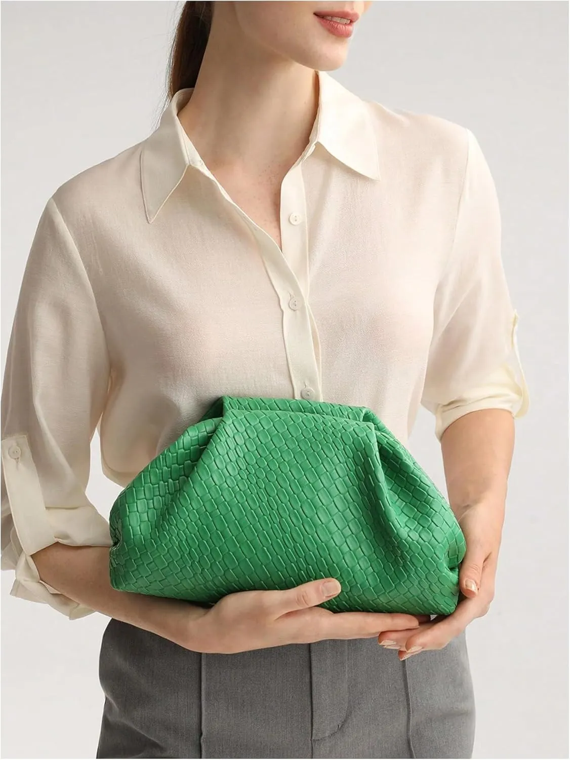 QWINEE Women's Woven Evening Bag Dumpling Clutch Purse No Strap Handbags Elegant Faux PU Leather Clutch Bag