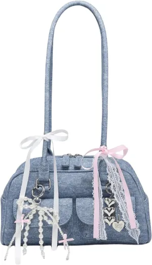 QWINEE Women's Y2K Bow Knot Shoulder Bag Zipper Double Handle Handbag PU Leather Underarm Purses