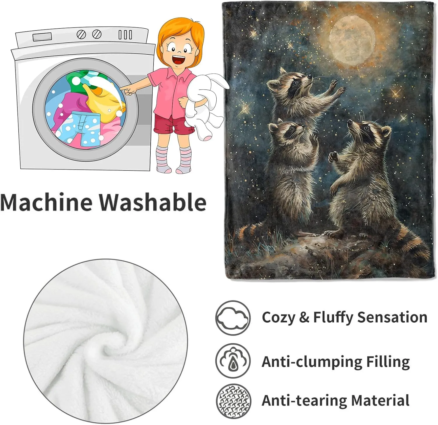 Raccoon Blanket Starry Night Throw Blankets,Birthday Gifts for Kids Adult & Wildlife Lovers,Lightweight Soft Fleece with Animal Under The Moon,for Sofa Couch Bed Room Decor 40x50in