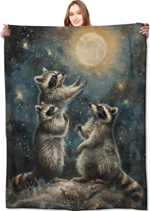 Raccoon Blanket Starry Night Throw Blankets,Birthday Gifts for Kids Adult & Wildlife Lovers,Lightweight Soft Fleece with Animal Under The Moon,for Sofa Couch Bed Room Decor 40x50in