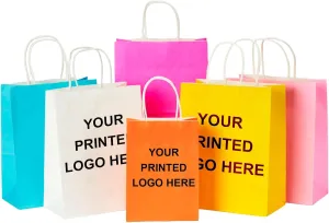 RACETOP 50 PCS Personalized Printing Custom Paper Bags for Small Business, 8x4.5x10.8 Inch Medium Size, Gift Paper Bags with Logo