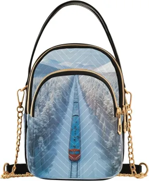 Railway Snow Covered Forests and Mountains Women Trendy Quilted Crossbody Bag Sling Bags Handbags with Chain Strap Travel Cross Body Cell Phone Purses Bags