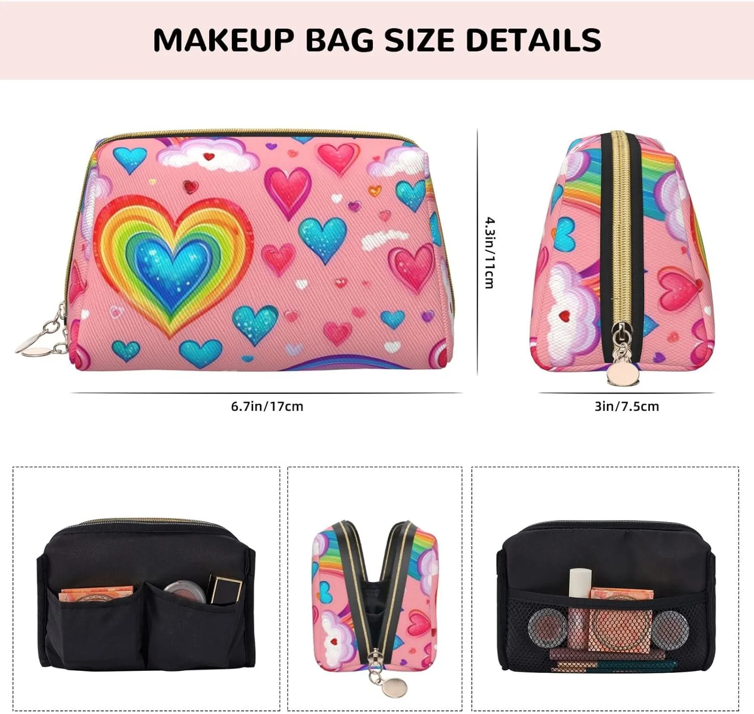 Rainbow Colored Gay Pride Hearts Toiletry Pouch, Travel-Friendly Makeup Organizer For Makeup Brushes, Lipsticks
