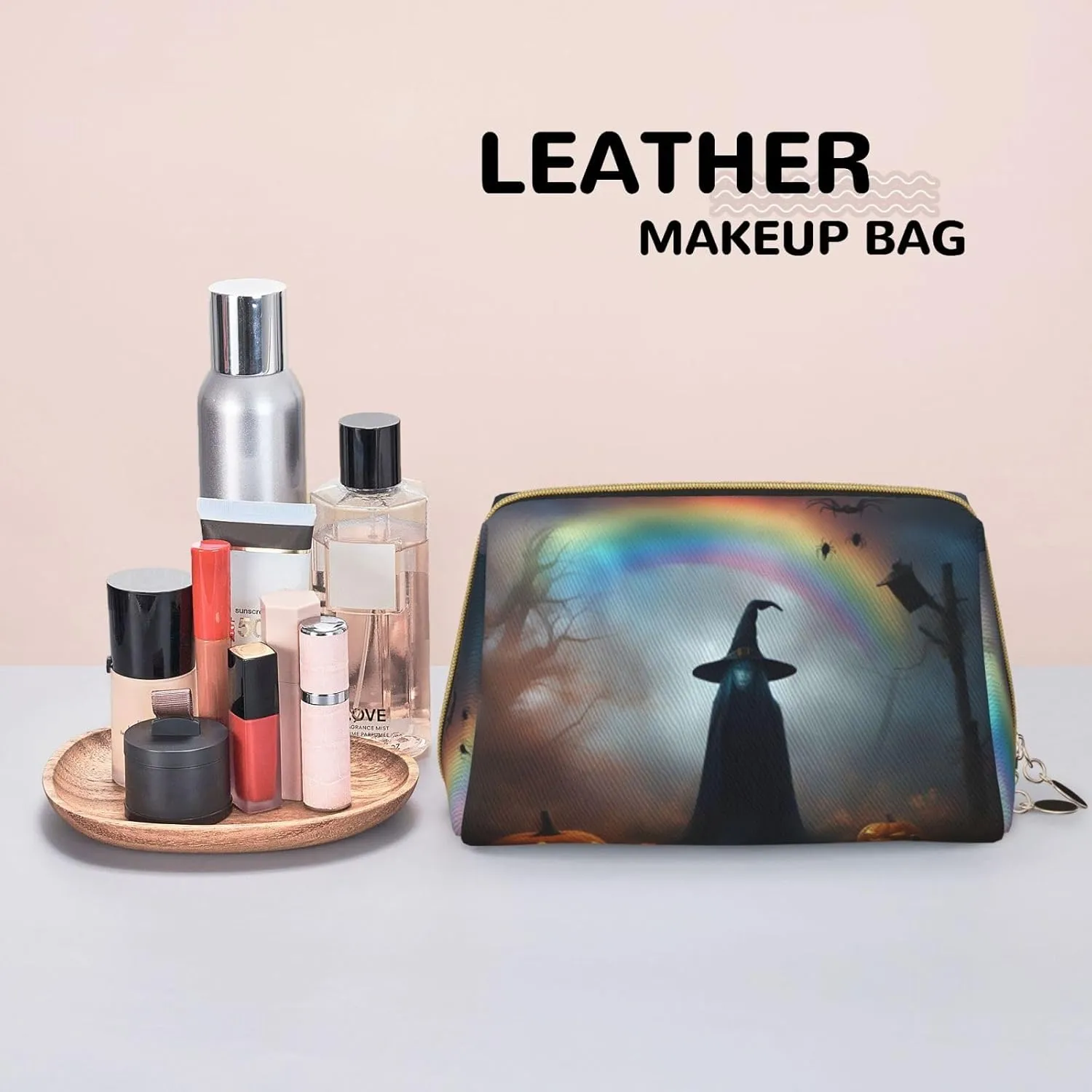 Rainbow Halloween Ghost Witch Hat Spiders Toiletry Pouch, Travel-Friendly Makeup Organizer For Makeup Brushes, Lipsticks