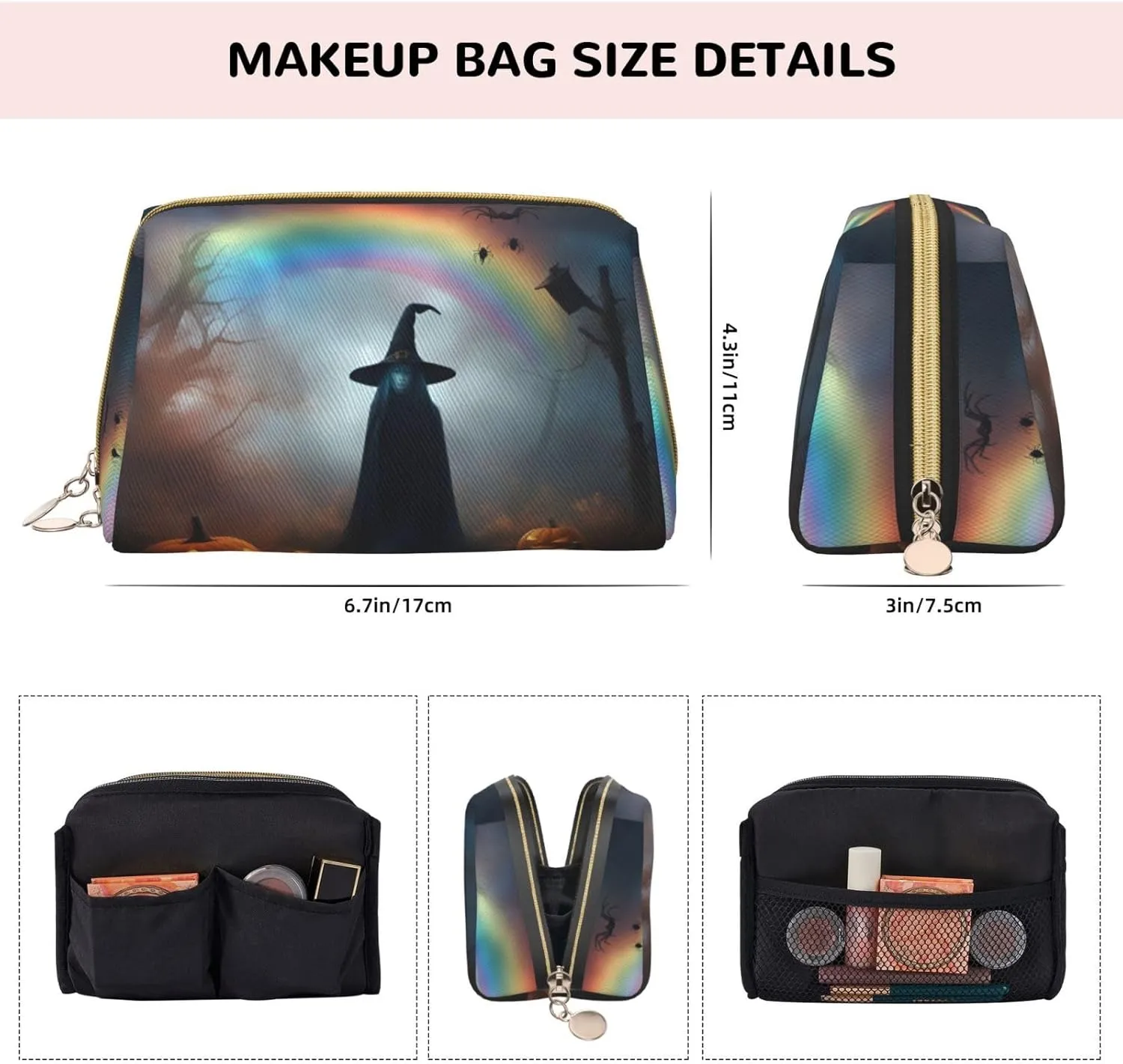 Rainbow Halloween Ghost Witch Hat Spiders Toiletry Pouch, Travel-Friendly Makeup Organizer For Makeup Brushes, Lipsticks