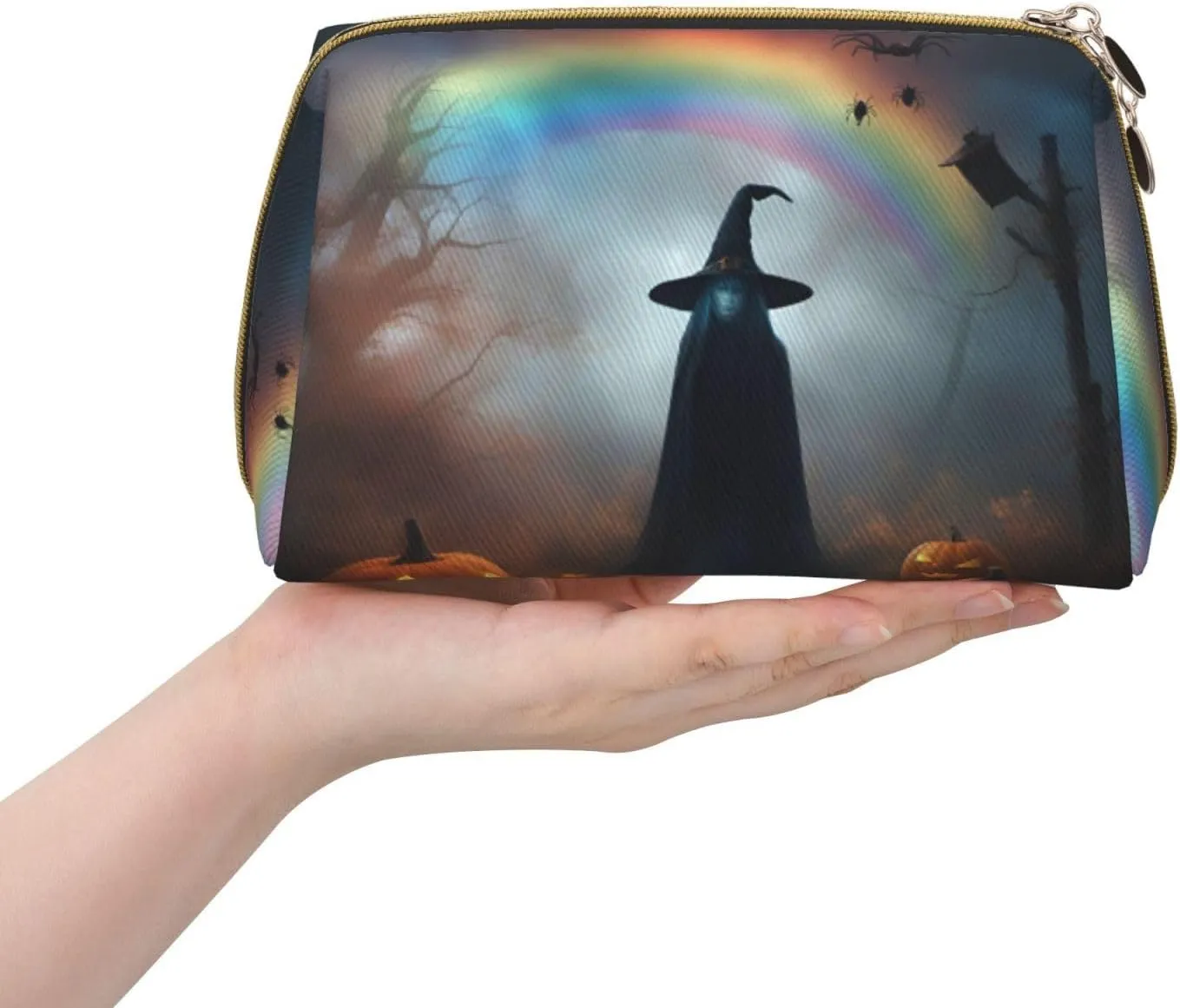 Rainbow Halloween Ghost Witch Hat Spiders Toiletry Pouch, Travel-Friendly Makeup Organizer For Makeup Brushes, Lipsticks