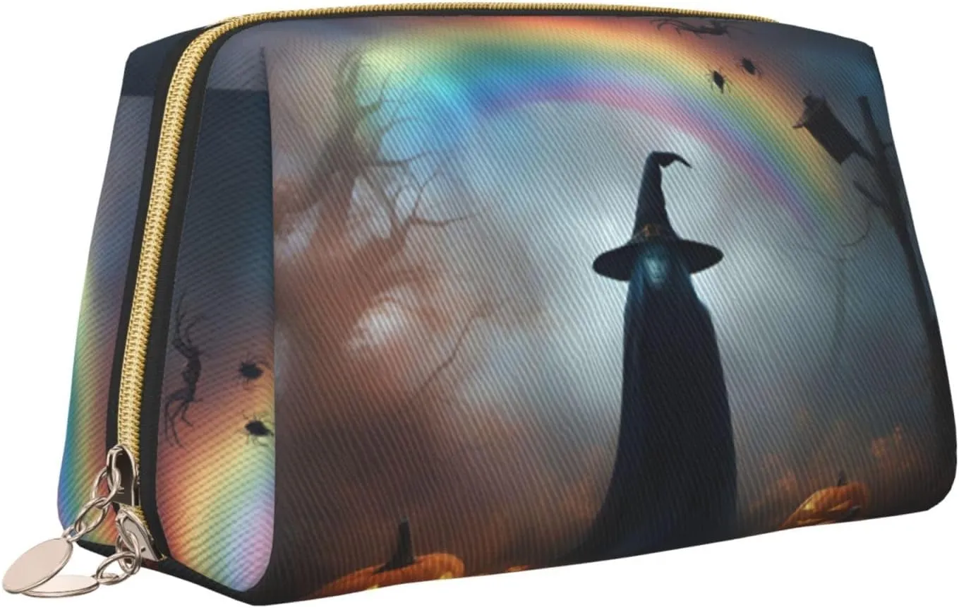 Rainbow Halloween Ghost Witch Hat Spiders Toiletry Pouch, Travel-Friendly Makeup Organizer For Makeup Brushes, Lipsticks