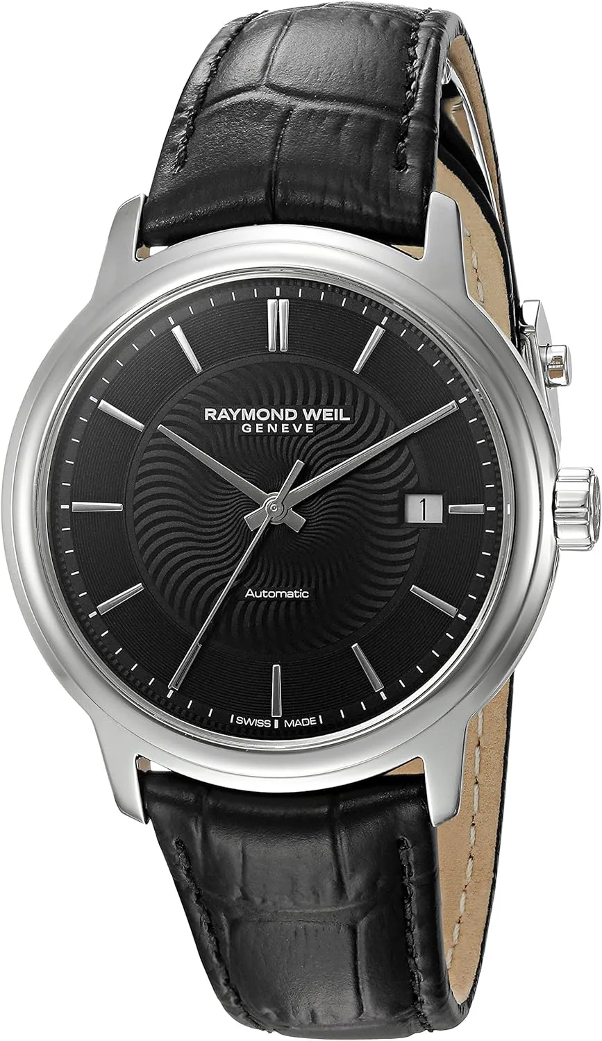 Raymond Weil Men's 'Maestro' Swiss Automatic Stainless Steel and Leather Casual Watch, Color:Black (Model: 2237-STC-20001)