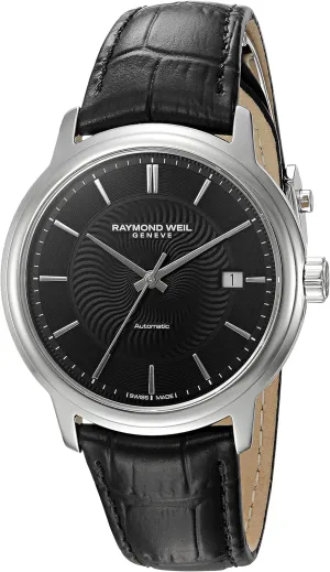 Raymond Weil Men's 'Maestro' Swiss Automatic Stainless Steel and Leather Casual Watch, Color:Black (Model: 2237-STC-20001)