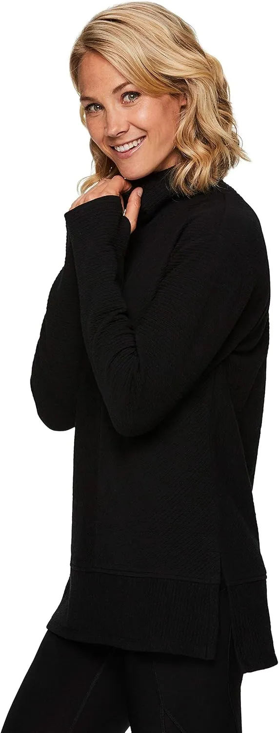 RBX Active Women's Ultra Soft Quilted Cowl Neck Pullover Sweater, Lightweight Mock Neck Tunic Sweatshirt with Thumbholes