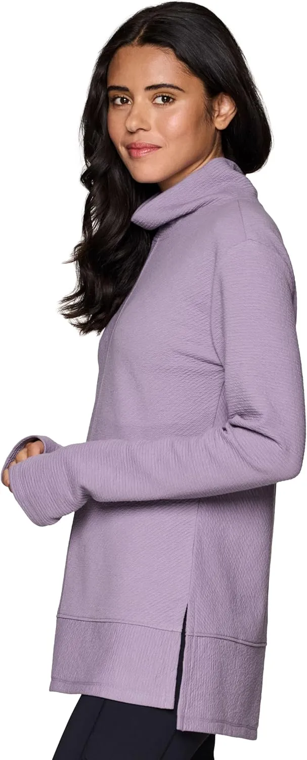 RBX Active Women's Ultra Soft Quilted Cowl Neck Pullover Sweater, Lightweight Mock Neck Tunic Sweatshirt with Thumbholes