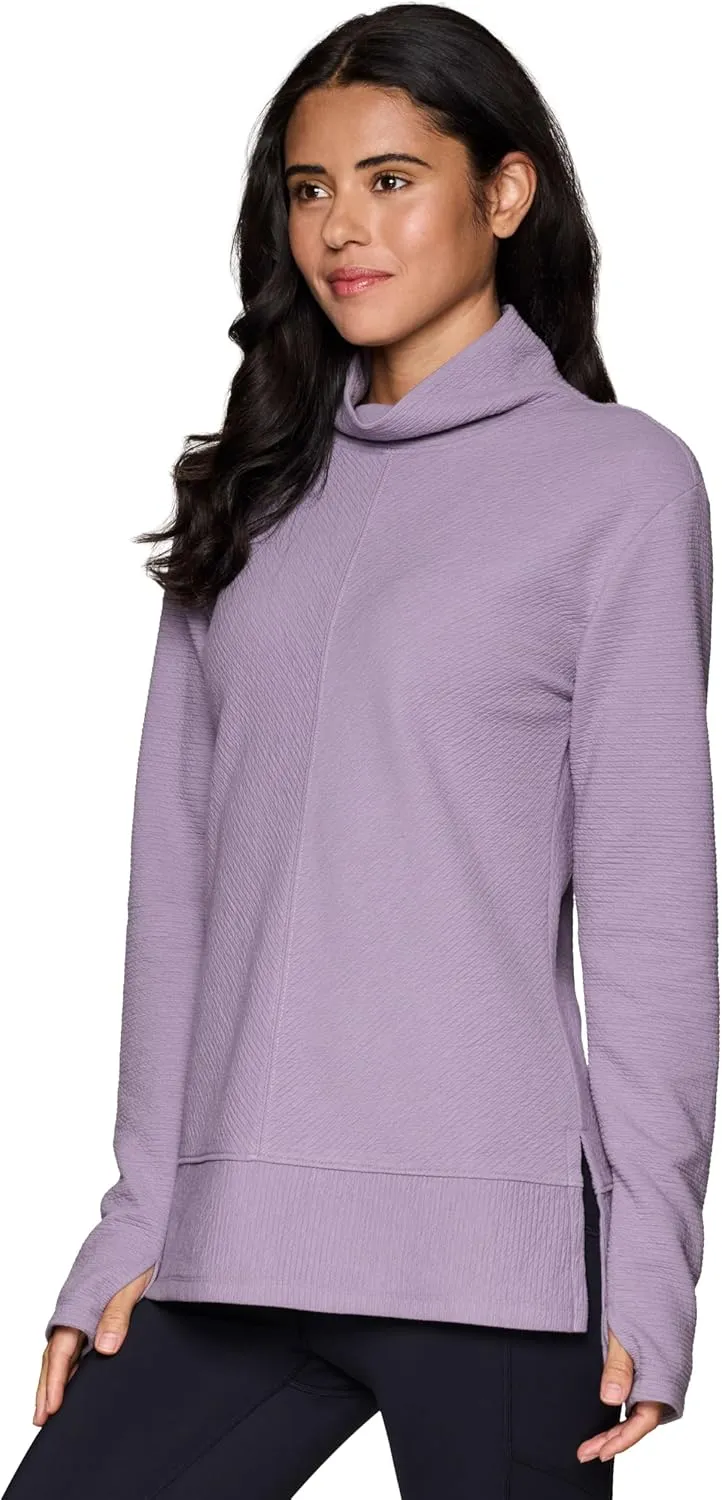 RBX Active Women's Ultra Soft Quilted Cowl Neck Pullover Sweater, Lightweight Mock Neck Tunic Sweatshirt with Thumbholes