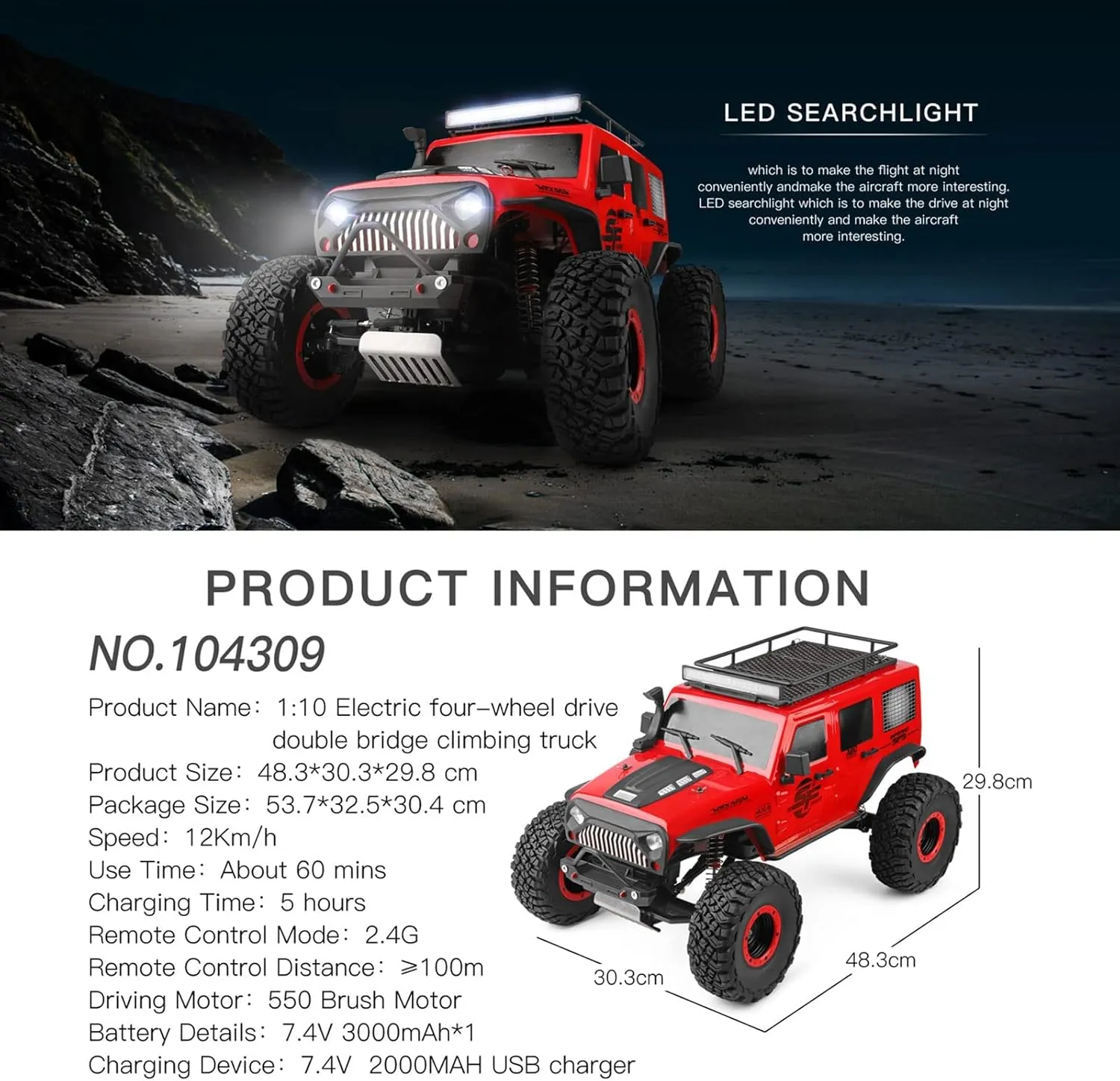 RC Cars,1:10 Scale All Terrain Remote Control Car,4WD 2.4 GHz Off Road RC Monster Truck Racing Cars with LED Headlight, Xmas Gifts for Kid and Adults