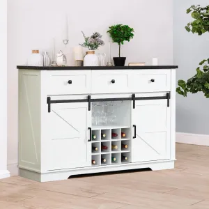 Real Relax Sideboard Cabinet, Farmhouse Buffet Wine Cabinet with Sliding Barn Door, Coffee Bar Cupboard for Kitchen, Dining Room, 54 Inch White