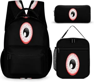 Red Eyeball Backpack Set 3 Pieces Laptop Daypack Insulated Lunch Tote Bag Pencil Case for Work Travel