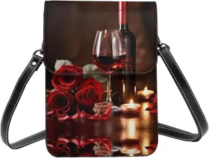 Red Rose And Wine Romantic Lovers Decor Print Small Cell Phone Purse Small Crossbody Bags Women Pu Leather Shoulder Bag Handbag