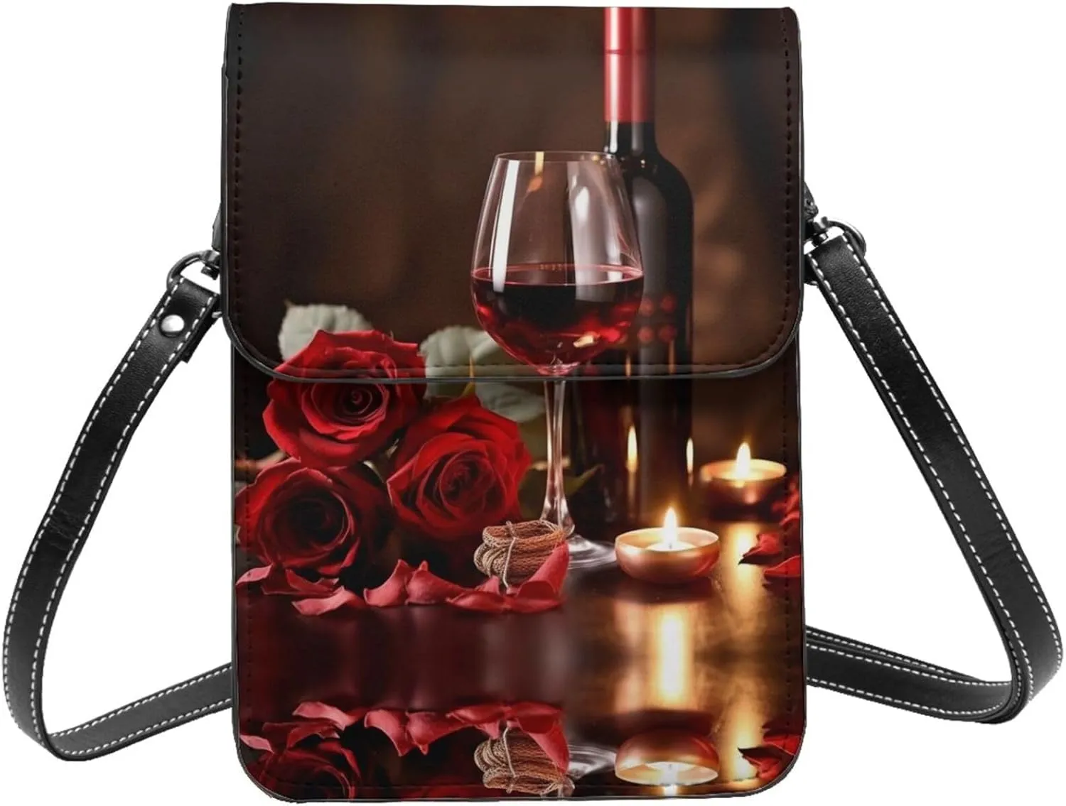 Red Rose And Wine Romantic Lovers Decor Print Small Cell Phone Purse Small Crossbody Bags Women Pu Leather Shoulder Bag Handbag