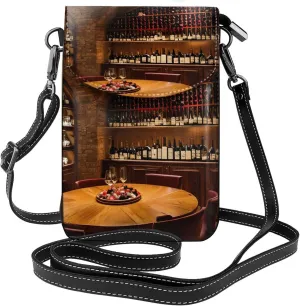 Red Wine Cellar Picture Print Small Cell Phone Leather Purse Adjustable Shoulder Rope Crossbody Bags For Women