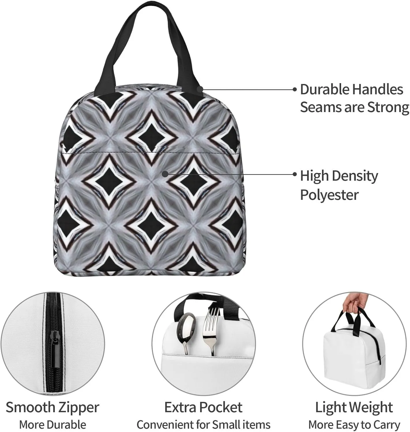 Regular Angular Matrix Pattern Lunch Bag, Large Capacity Reusable Insulated Cooler Lunch Container For Work Office Picnic Or Travel
