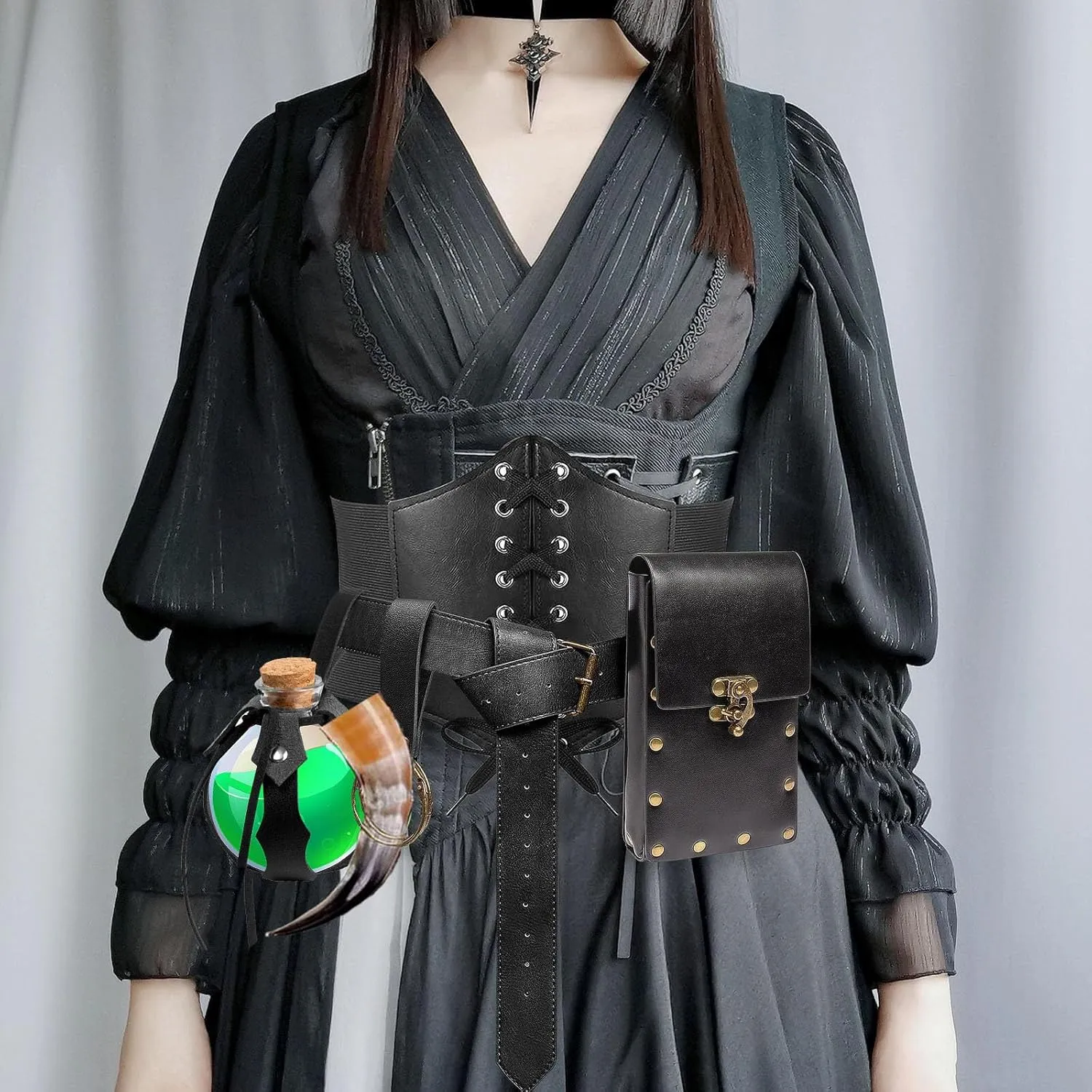 Renaissance Costume Sets Corset Waistband Belt Pouch Purse Magic Potion Bottle Skirt Hike Steampunk Medieval Halloween
