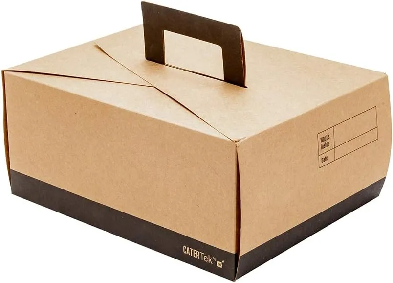 Restaurantware Cater Tek 9 x 7 x 3 Inch Food Boxes 100 Grease-Resistant Take Out Food Containers - With Handle Recyclable Kraft And Black Paper To Go Containers For Meals Snacks Or Baked Goods
