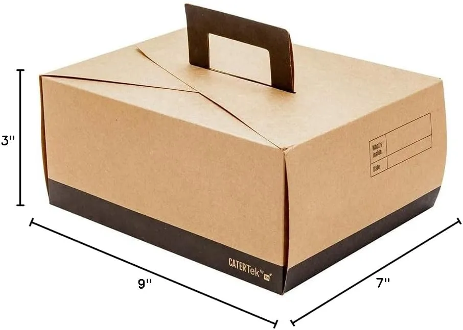 Restaurantware Cater Tek 9 x 7 x 3 Inch Food Boxes 100 Grease-Resistant Take Out Food Containers - With Handle Recyclable Kraft And Black Paper To Go Containers For Meals Snacks Or Baked Goods
