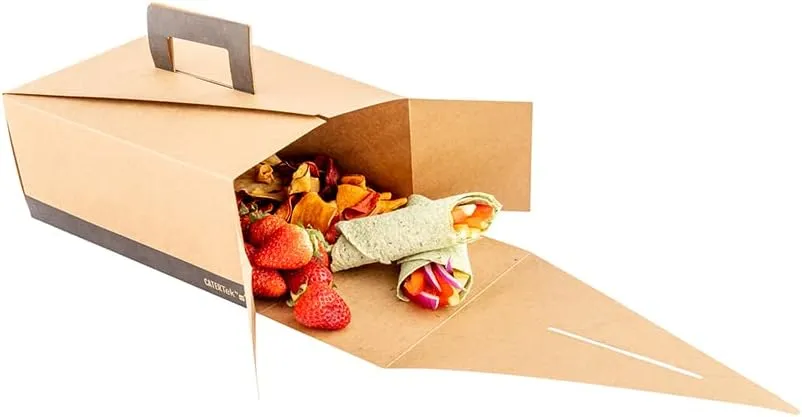 Restaurantware Cater Tek 9 x 7 x 3 Inch Food Boxes 100 Grease-Resistant Take Out Food Containers - With Handle Recyclable Kraft And Black Paper To Go Containers For Meals Snacks Or Baked Goods