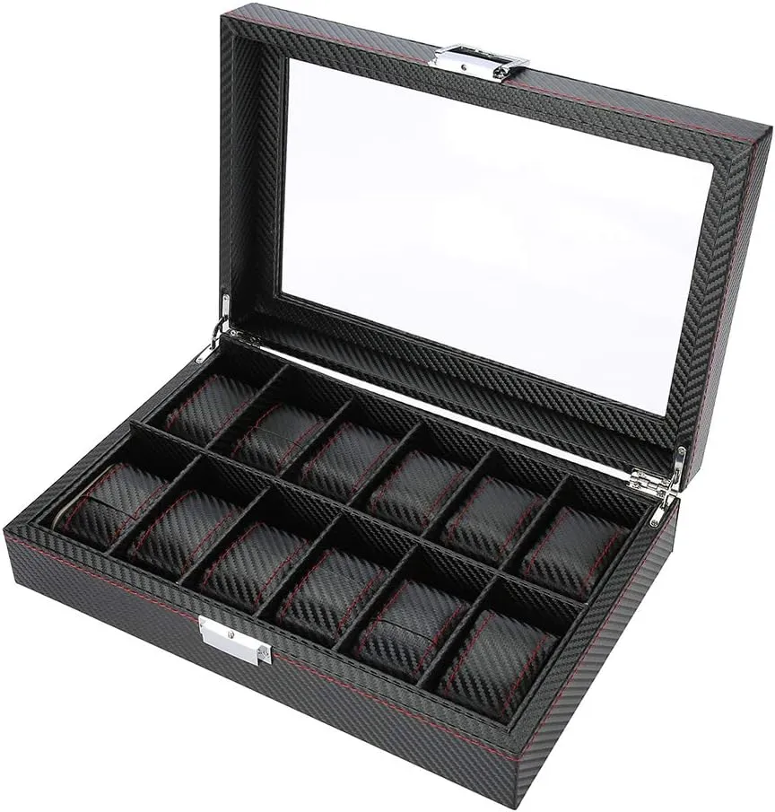 Restokki Watch Display Storage Box Organizer Case, PU Leather Transparent Cover Dust Proof Moist Proof