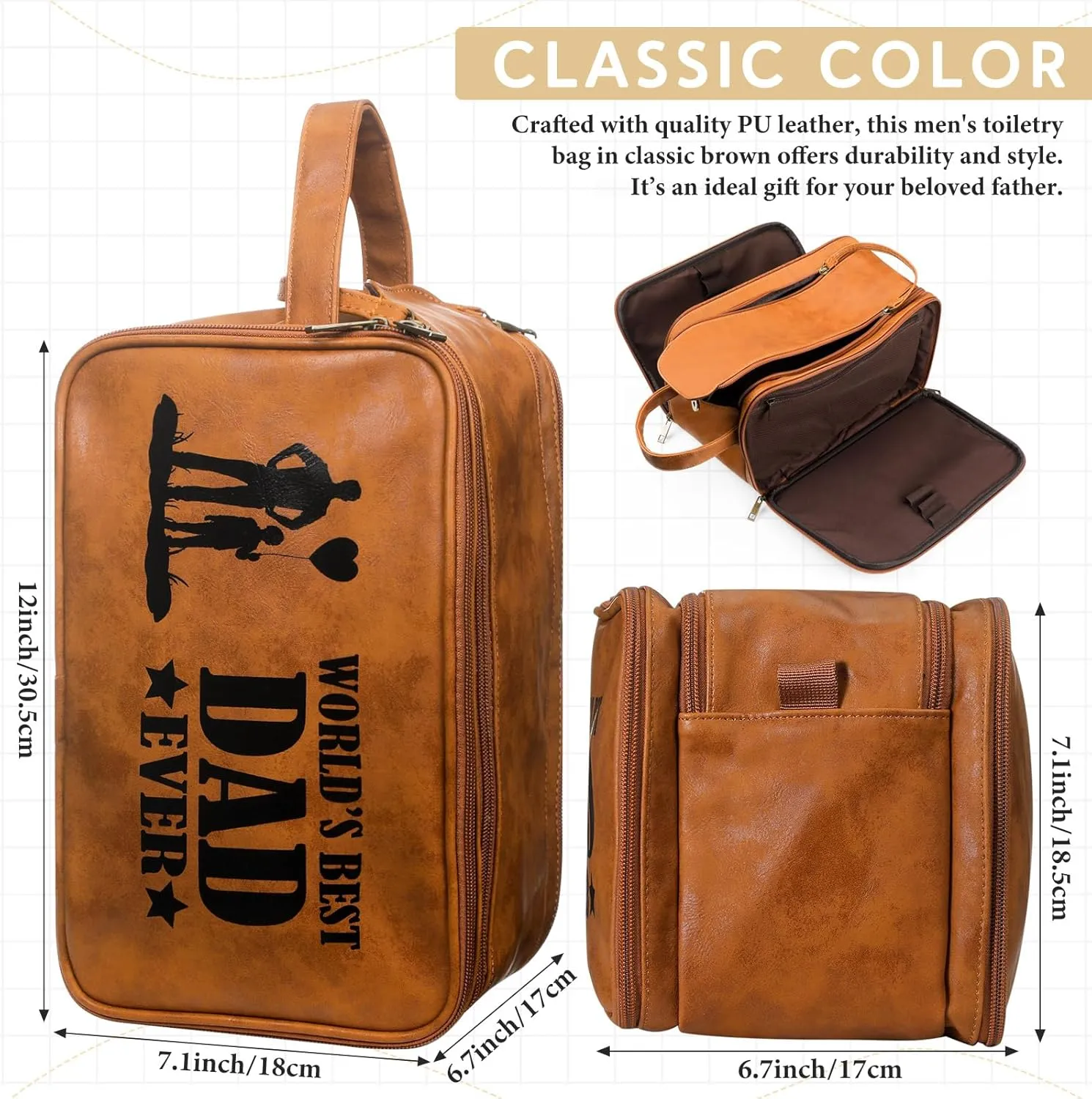 Retirement Gifts Toiletry Bag for Men PU Leather Men's Toiletry Travel Bag Large Shaving Kit Bag Water Resistant Cosmetic Bag Pouch for Groom Bathroom Traveling(Father)