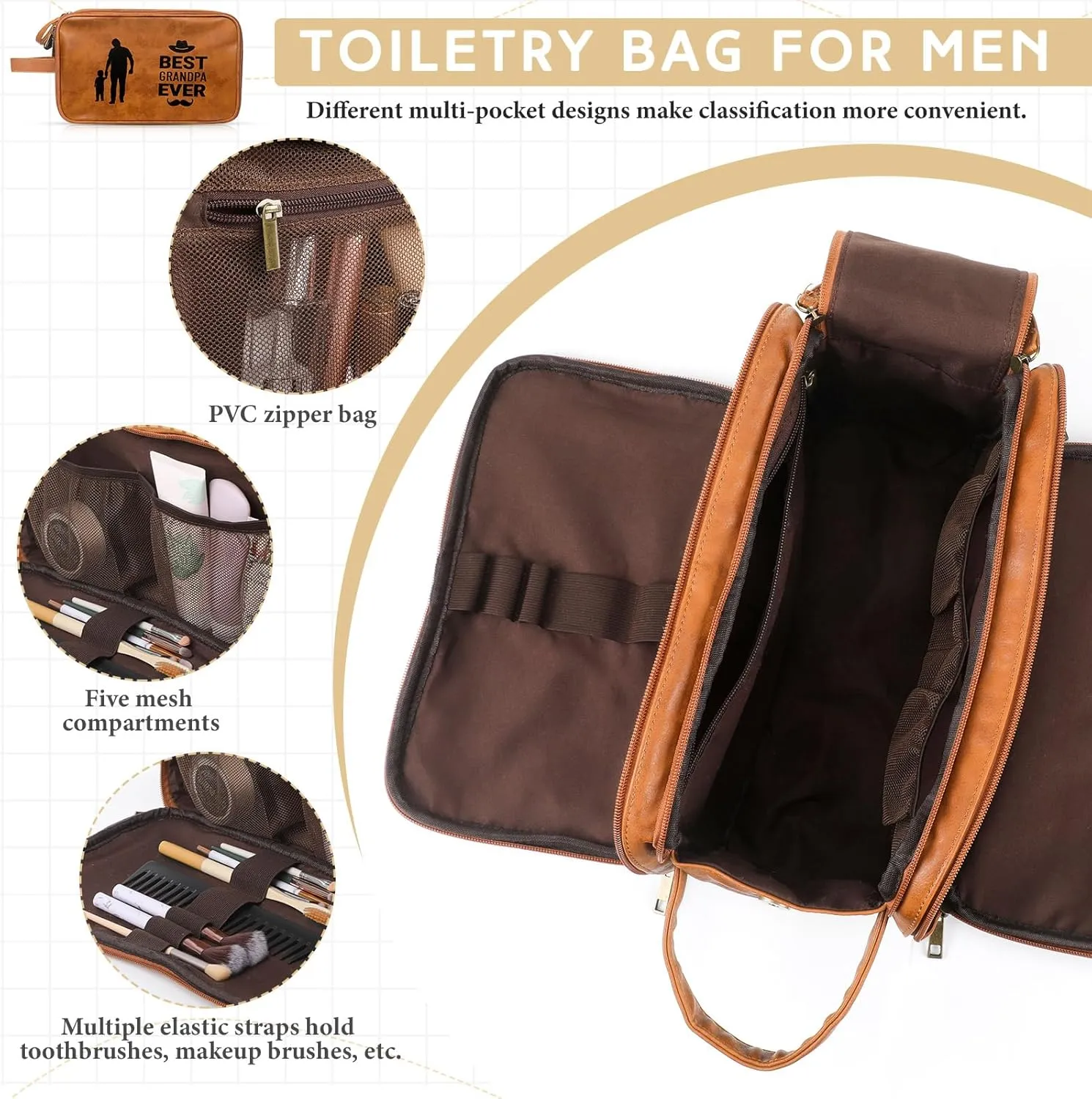 Retirement Gifts Toiletry Bag for Men PU Leather Men's Toiletry Travel Bag Large Shaving Kit Bag Water Resistant Cosmetic Bag Pouch for Groom Bathroom Traveling(Grandpa)