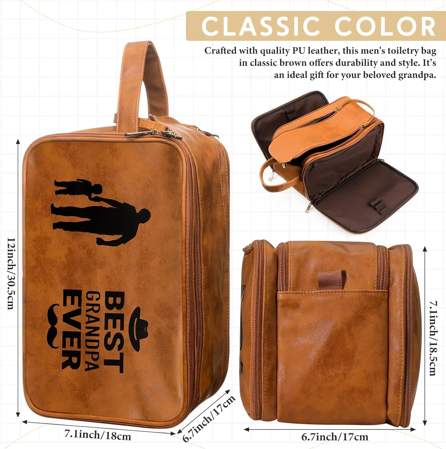 Retirement Gifts Toiletry Bag for Men PU Leather Men's Toiletry Travel Bag Large Shaving Kit Bag Water Resistant Cosmetic Bag Pouch for Groom Bathroom Traveling(Grandpa)