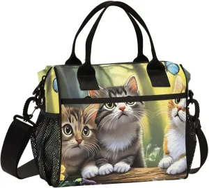 Retro Cats Butterfly Log Cooler Bag Lunch Box Lunch Bag Reusable Tote Shoulder Bag Insulated Lunch Bag for Outdoor Picnic Camping
