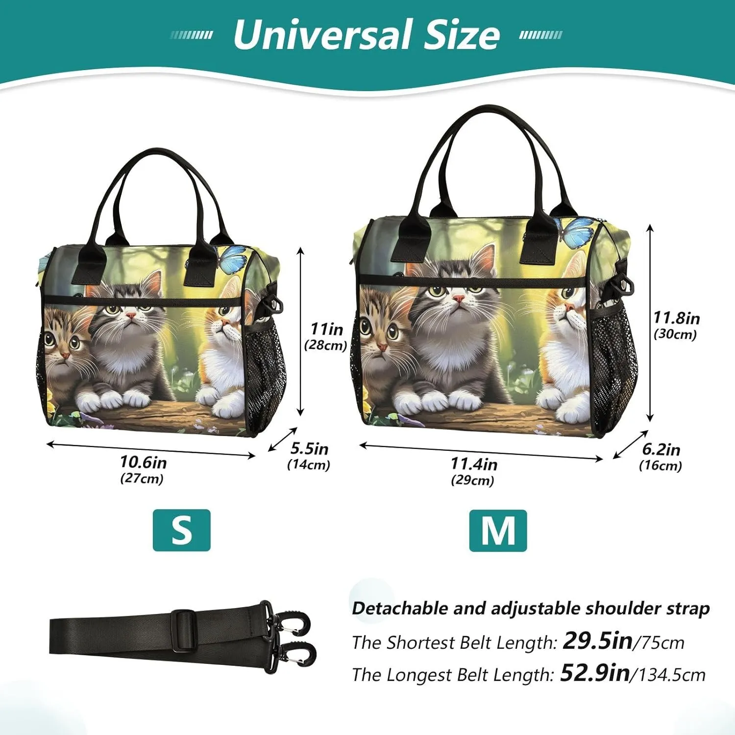 Retro Cats Butterfly Log Cooler Bag Lunch Box Lunch Bag Reusable Tote Shoulder Bag Insulated Lunch Bag for Outdoor Picnic Camping