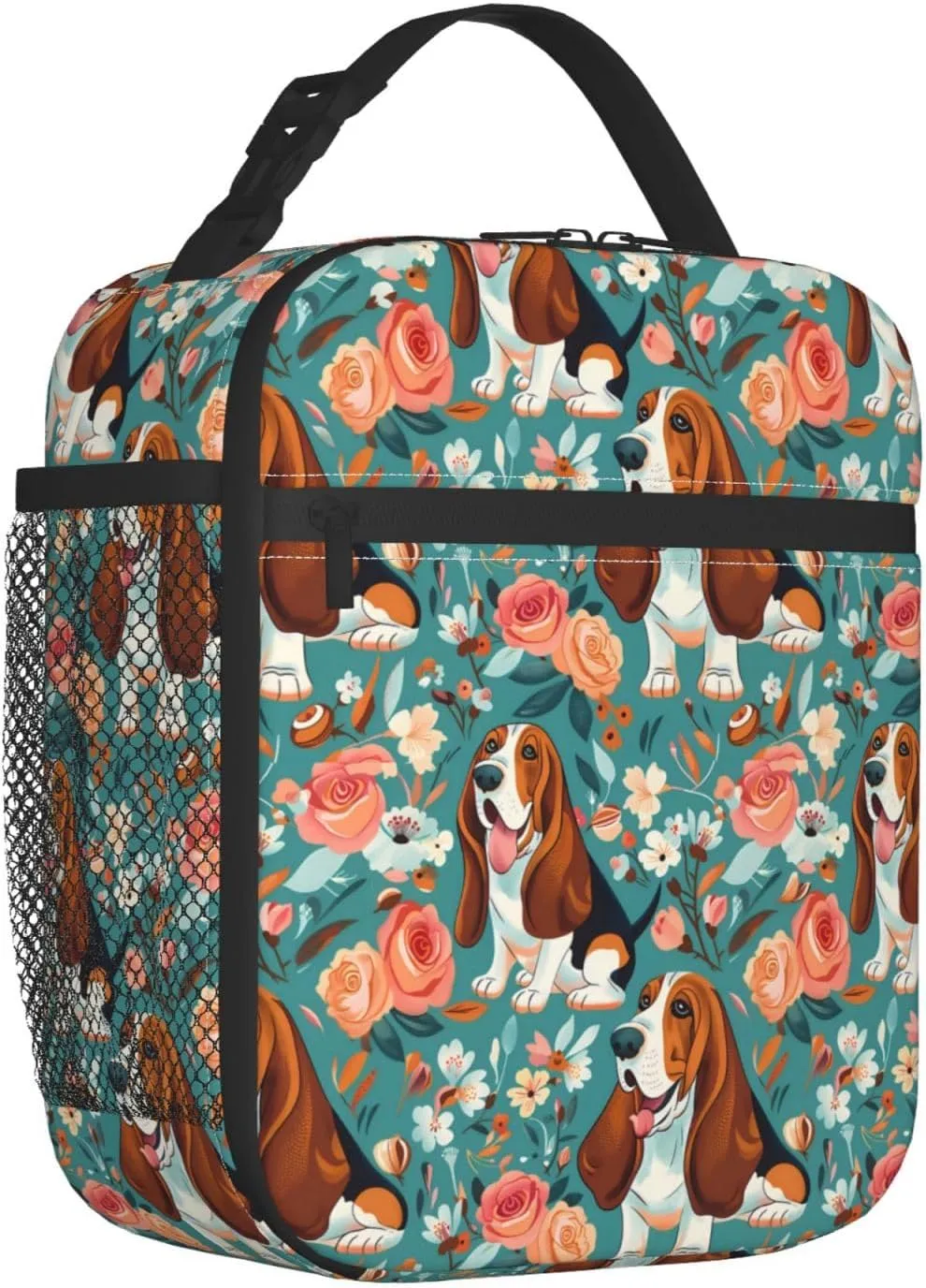 Reusable Basset Hound Lunch Box for Kids Girls Boys Women Adult, Insulated Cute Dog and Flower Lunch Bag,Polyester Cooler Handbags Case for School Picnic Work Travel Beach or Hiking