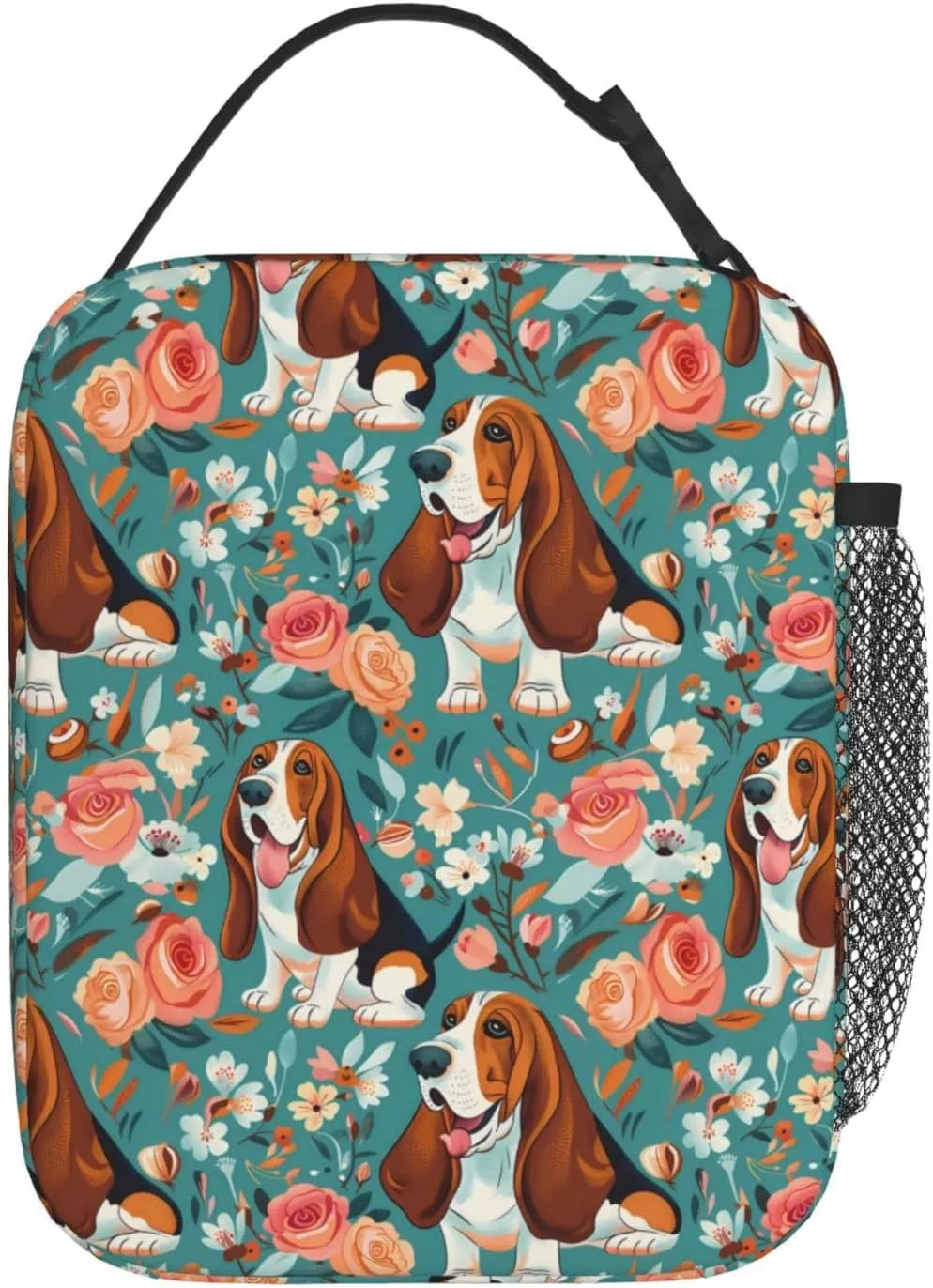 Reusable Basset Hound Lunch Box for Kids Girls Boys Women Adult, Insulated Cute Dog and Flower Lunch Bag,Polyester Cooler Handbags Case for School Picnic Work Travel Beach or Hiking