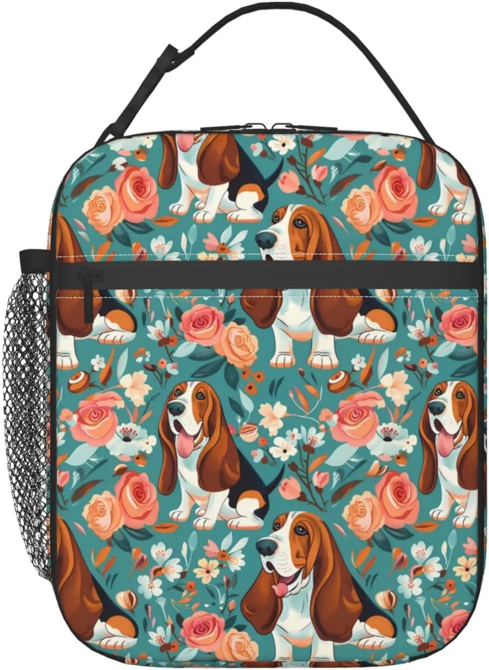 Reusable Basset Hound Lunch Box for Kids Girls Boys Women Adult, Insulated Cute Dog and Flower Lunch Bag,Polyester Cooler Handbags Case for School Picnic Work Travel Beach or Hiking