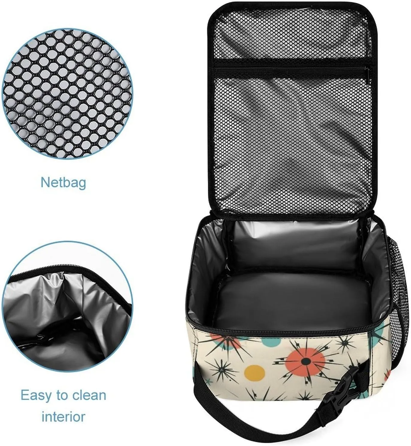 Reusable Insulated Lunch Bag Atomic Stars Retro Pattern Leakproof Portable Lunch Box for Women Men Work Office Picnic Travel