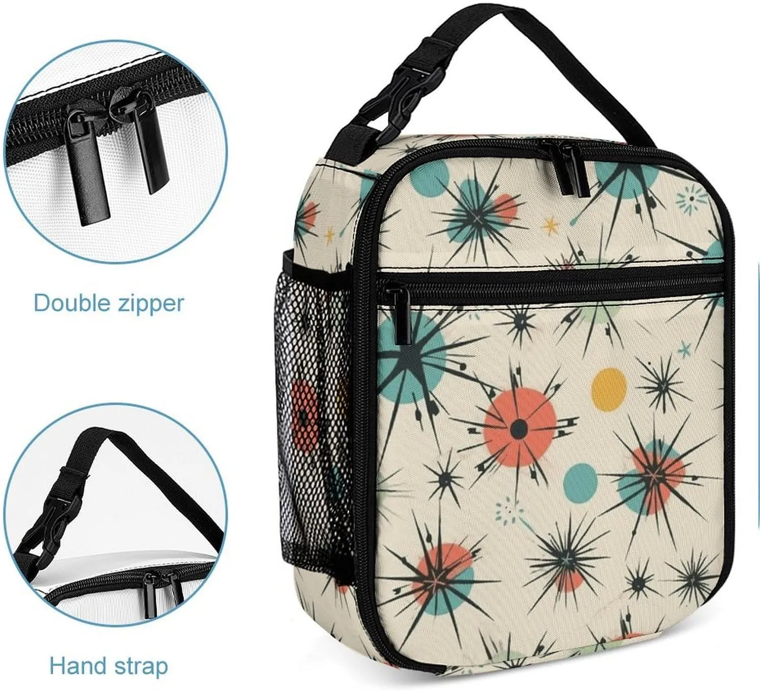 Reusable Insulated Lunch Bag Atomic Stars Retro Pattern Leakproof Portable Lunch Box for Women Men Work Office Picnic Travel