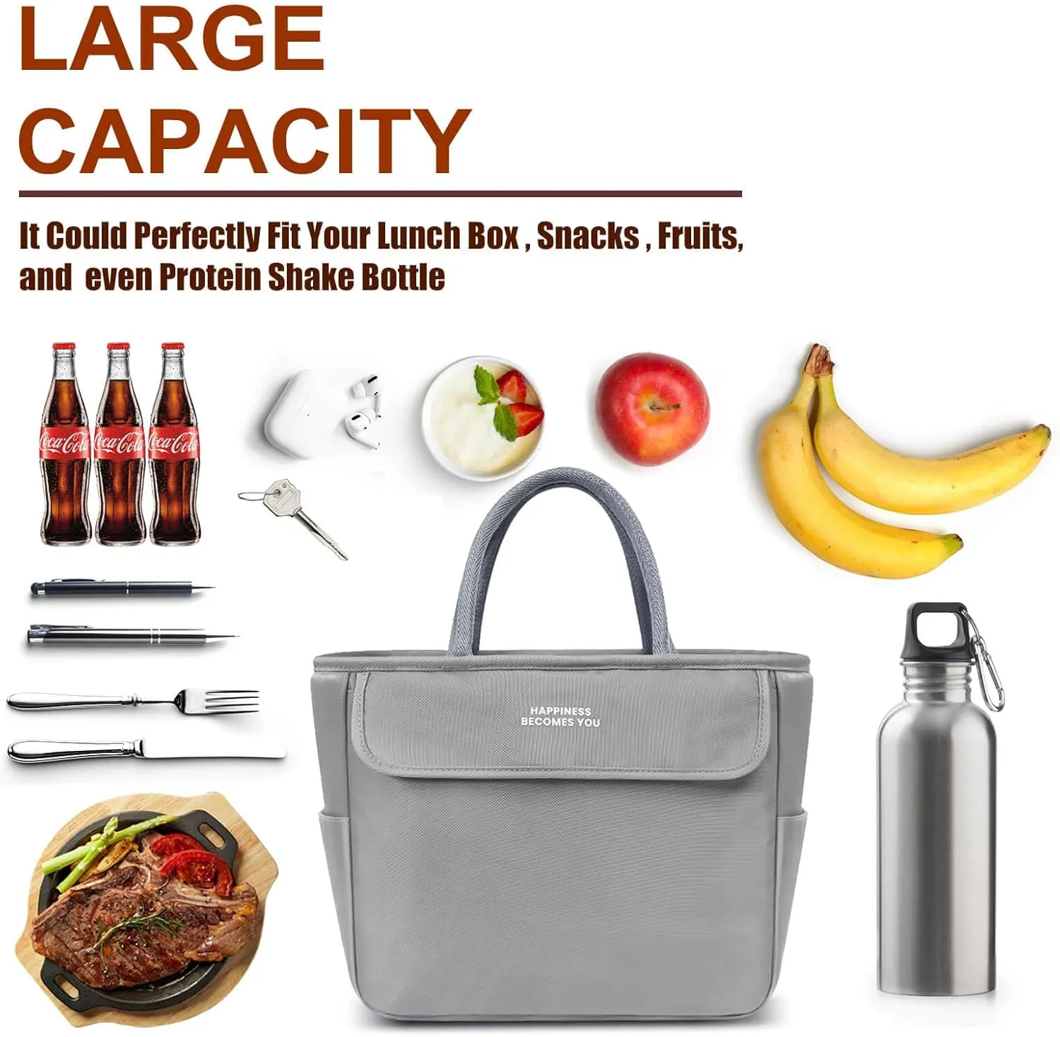 Reusable Insulated Lunch Bag for Women/Man - Stylish, Large-Capacity, Leak-proof Lunch Tote Bag for Work, Picnics, Parties, Travel (Gery)