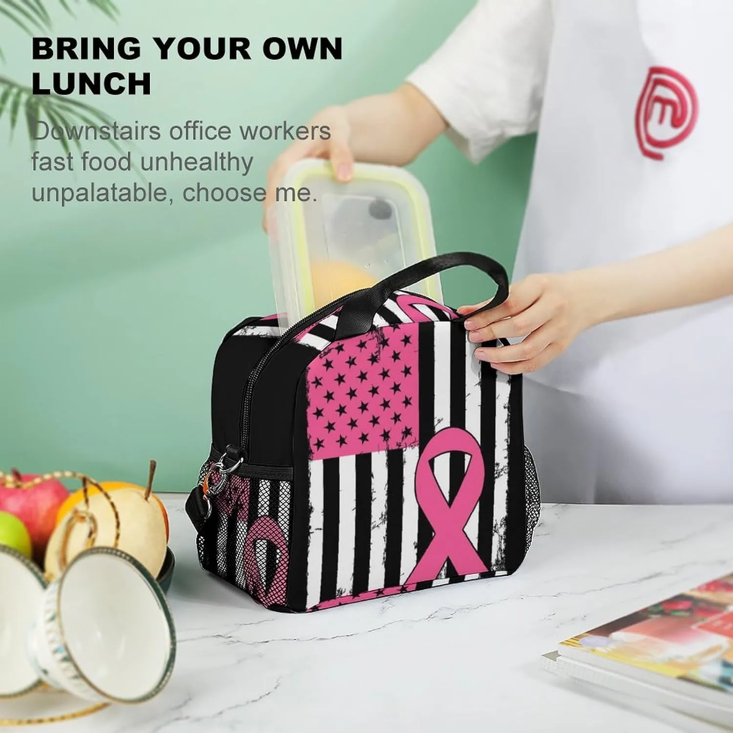 Reusable Lunch Bag for Men, Leakproof Insulated Lunch Totes Portable Travel Picnic Lunchbox Breast Cancer Awareness Pink Ribbon American Flag Thermal Cooler Bag with Adjustable Strap