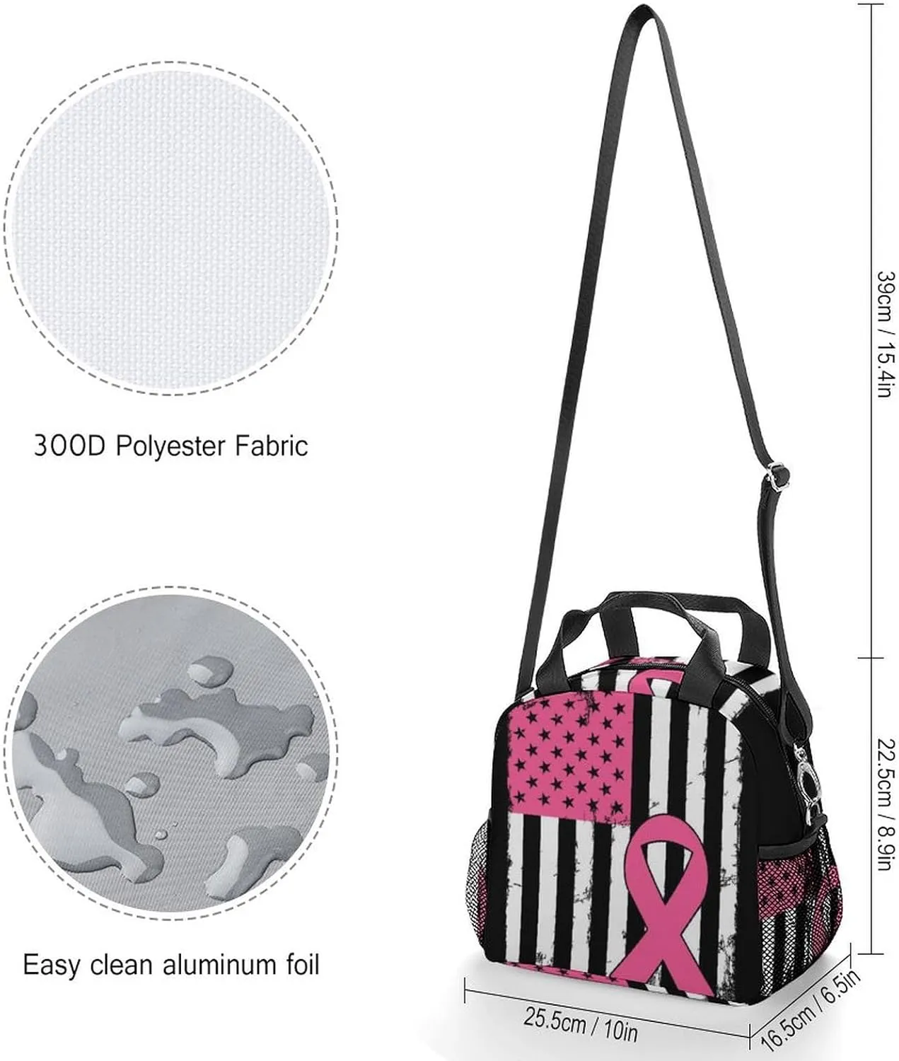 Reusable Lunch Bag for Men, Leakproof Insulated Lunch Totes Portable Travel Picnic Lunchbox Breast Cancer Awareness Pink Ribbon American Flag Thermal Cooler Bag with Adjustable Strap