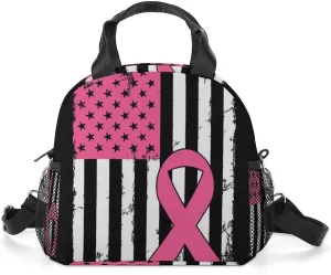 Reusable Lunch Bag for Men, Leakproof Insulated Lunch Totes Portable Travel Picnic Lunchbox Breast Cancer Awareness Pink Ribbon American Flag Thermal Cooler Bag with Adjustable Strap