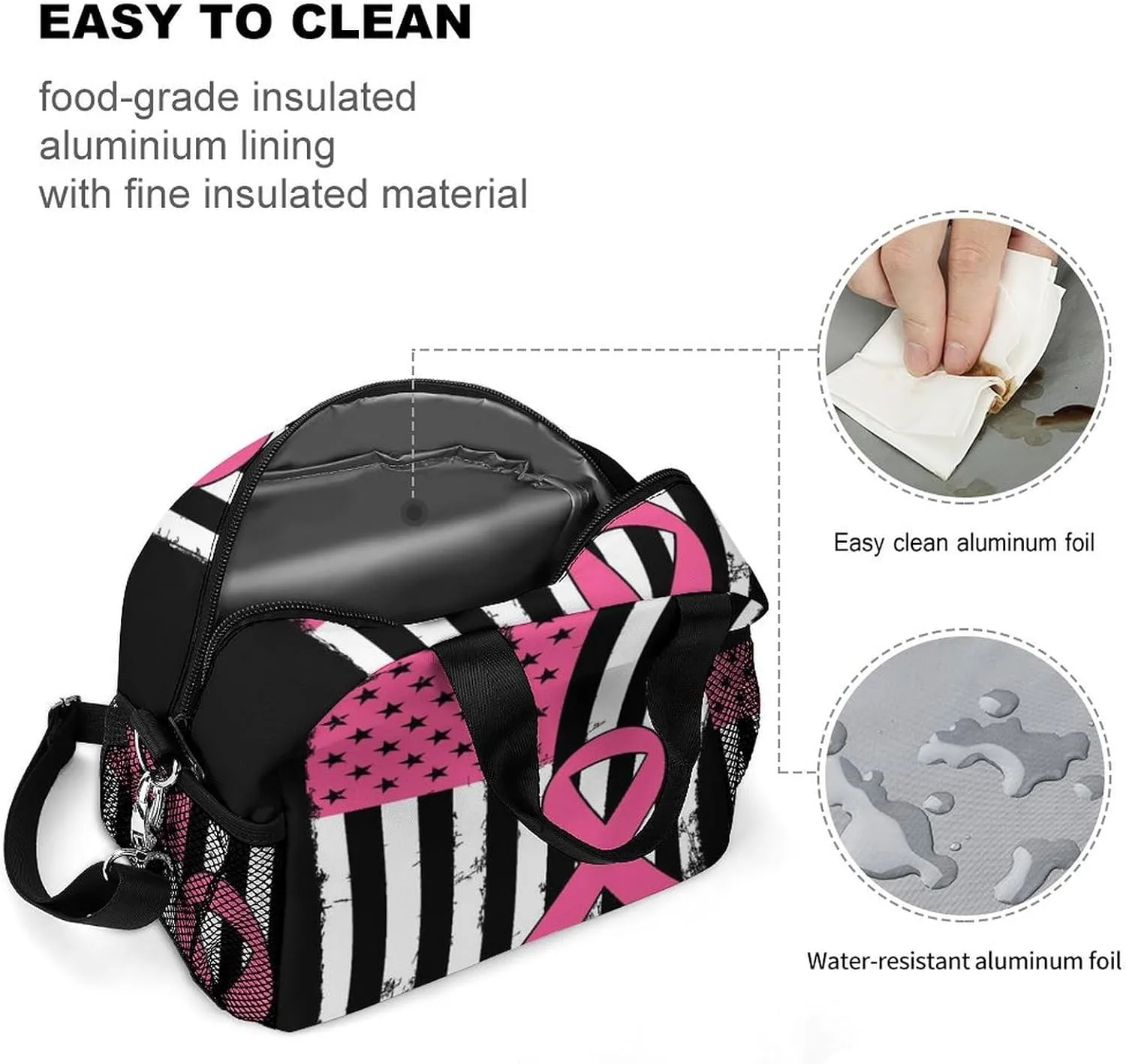 Reusable Lunch Bag for Men, Leakproof Insulated Lunch Totes Portable Travel Picnic Lunchbox Breast Cancer Awareness Pink Ribbon American Flag Thermal Cooler Bag with Adjustable Strap