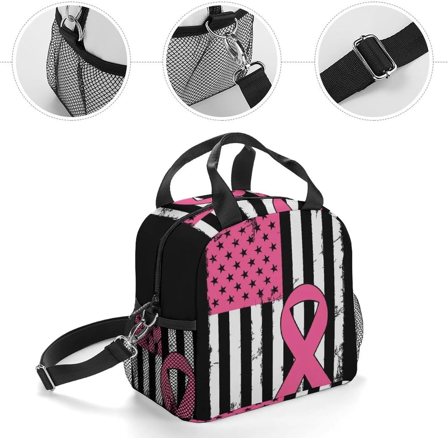 Reusable Lunch Bag for Men, Leakproof Insulated Lunch Totes Portable Travel Picnic Lunchbox Breast Cancer Awareness Pink Ribbon American Flag Thermal Cooler Bag with Adjustable Strap