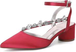 Rhinestones Satin Strappy Wedding Shoes Pointed Toe Block Low Heel Bridal Shoes Women Party Sandals 4.5CM Closed Toe Ankle Strap Pumps for Prom,Red,11