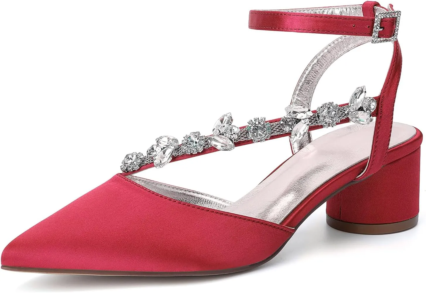 Rhinestones Satin Strappy Wedding Shoes Pointed Toe Block Low Heel Bridal Shoes Women Party Sandals 4.5CM Closed Toe Ankle Strap Pumps for Prom,Red,11