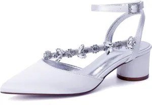 Rhinestones Satin Strappy Wedding Shoes Pointed Toe Block Low Heel Bridal Shoes Women Party Sandals 4.5CM Closed Toe Ankle Strap Pumps for Prom,White,7