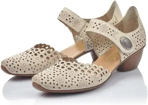 Rieker 43753 Mirjam Women's Mary Jane Heels - Low-Heel Leather Shoes with Adjustable Ankle Strap & Laser-Cut Design - Comfortable Women’s Heels for Casual & Dressy Wear Beige 7-7.5 M US